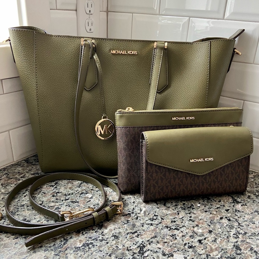 Army Green MK Crossbody Tote and Pouch Bundle